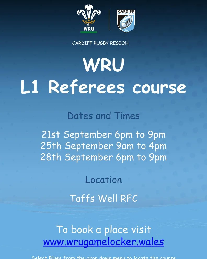 ClarkeWRUEdu's tweet photo. 🚨Level 1 Referees course 🚨

3 venues across the region.
@TaffsWellRFC 
@Llandaff_RFC 
@AbercynonRFC 

@WRU_Community
Book via the Games Locker https://t.co/4nNSJaAJai

#rugby #ref #Wales #cardiffregion https://t.co/CPDIyGqATD