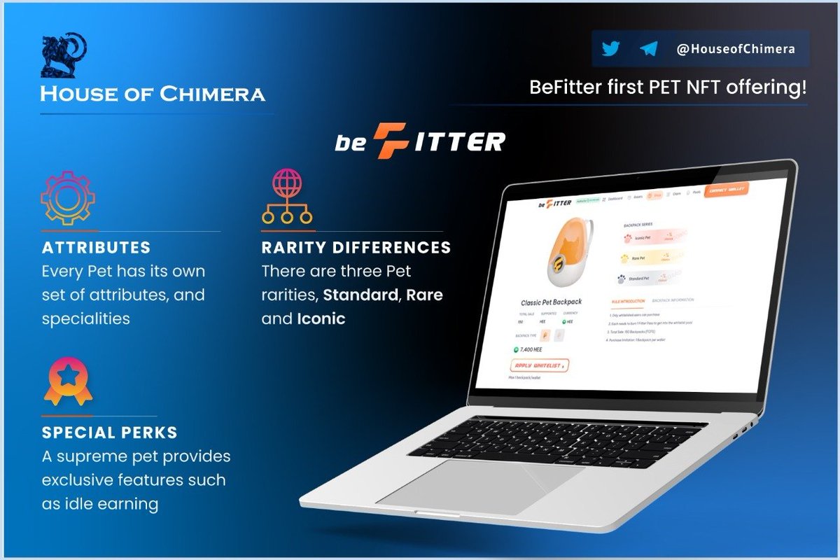 HouseofChimera's tweet photo. The first PET NFT offering by @beFITTER_io!

🔹Pets provide different attributes and specialities; every backpack provides you with one Pet NFT.
🔸Pet attributes play an essential role in Pet Race (Tournaments)
🔹There are only 150 backpacks available for the first sale. 

$FIU https://t.co/4MC2XOZ7OL