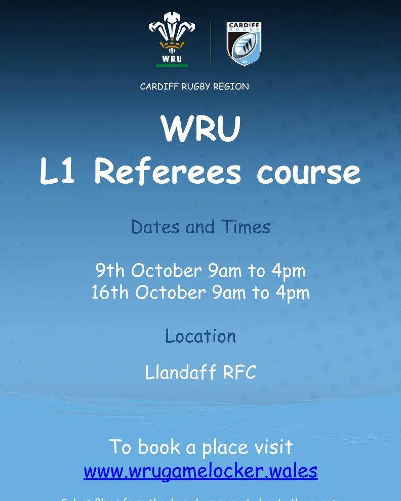 ClarkeWRUEdu's tweet photo. 🚨Level 1 Referees course 🚨

3 venues across the region.
@TaffsWellRFC 
@Llandaff_RFC 
@AbercynonRFC 

@WRU_Community
Book via the Games Locker https://t.co/4nNSJaAJai

#rugby #ref #Wales #cardiffregion https://t.co/CPDIyGqATD