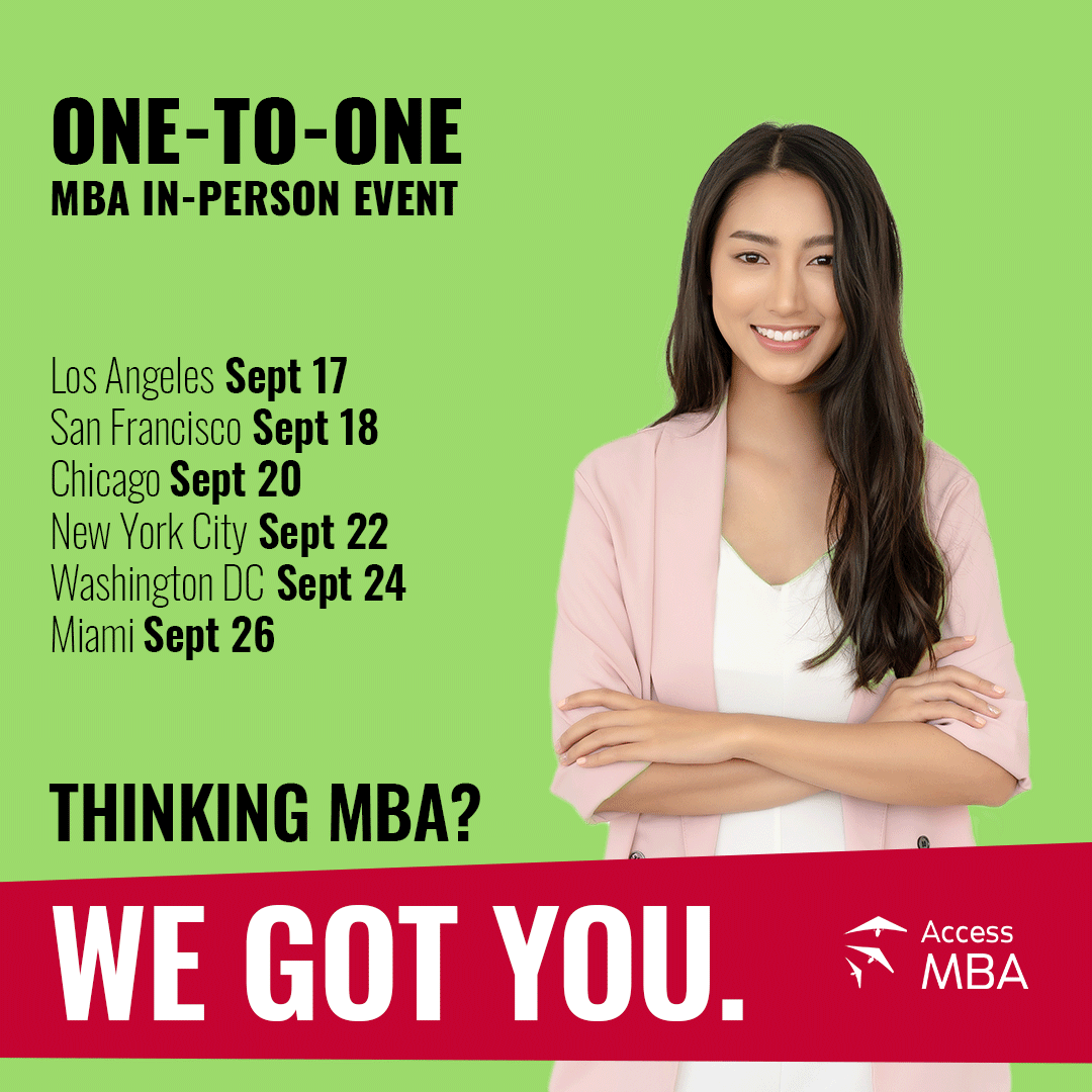 Reserve your one-to-one meetings with #Yale, #Berkeley, #Stanford #Booth &amp; more at the #Access #MBA in-person event
in #LA (9/17), SF (9/18), #Chicago (9/20), #NYC (9/22), #DC (9/24) and #Miami (9/26). Last spots available!
accessmba.com/link/K3m <a href="/AccessMBA/">Access MBA</a>