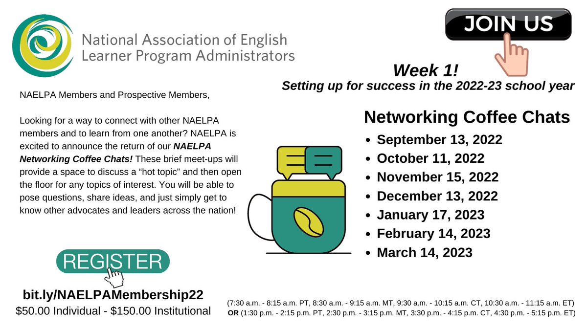 Join us for our first NAELPA Coffee Chat of the new school year! Week 1 'Setting up for success in the 2022-23 school year' is next Tuesday, September 13! Become a NAELPA member at bit.ly/NAELPAMembersh…