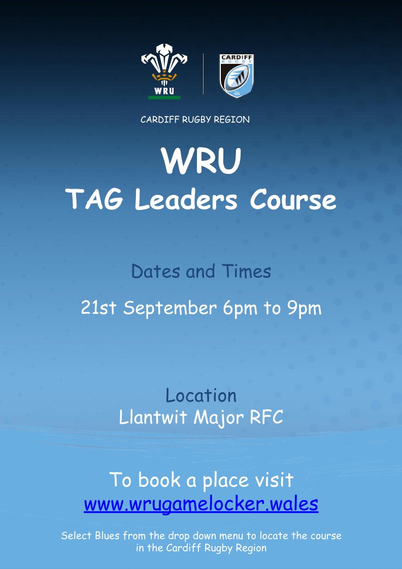 ClarkeWRUEdu's tweet photo. 🚨 Tag leaders course🚨

Come and start your coaching journey.
2 courses in 2 venues in September.

@LlantwitRugby 
@YstradRFC 
@WRU_Community

#Tag #rugby #Wales #community #Wales #cardiffregion https://t.co/xZN8TH4O1K