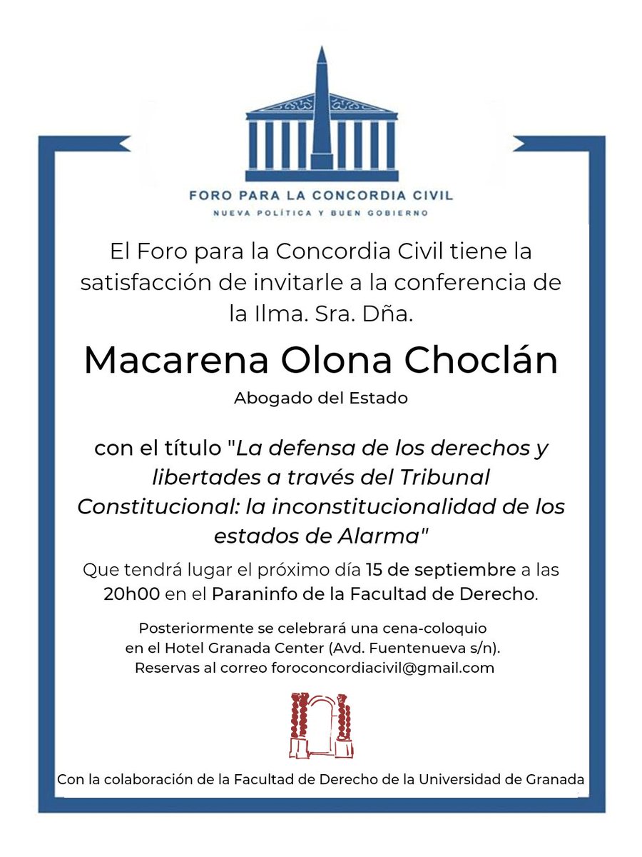 ForoConcordia's tweet photo. ‼️IMPORTANTE: Algunos nos habeis informado de problemas con el correo para reservar la cena-coloquio con Macarena Olona. 

Podéis escribirnos al correo foroconcordiacivil@gmail.com

Disculpen las molestias. https://t.co/IFIDO9FjuJ