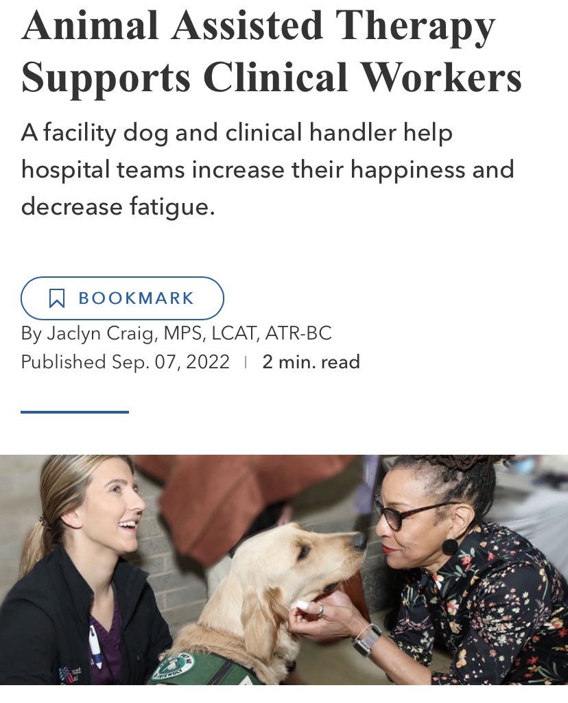 Read bit.ly/CHA-PP the  <a href="/hospitals4kids/">Children's Hospital Association</a> article highlighting our Paws &amp; Play: Care for Clinical Teams animal assisted therapy program. Learn about how handler Jaclyn Craig and her facility dog Moby help hospital teams increase their happiness and decrease fatigue.