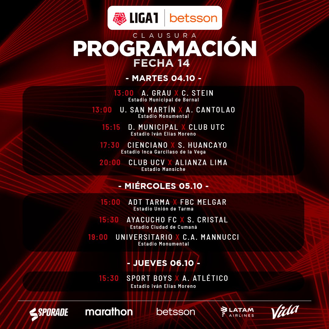 Liga1TeApuesto's tweet photo. ¡Jornadas decisivas! 🔥

Así se disputarán las fechas 13, 14, 15, 16, 17 y 18 de la #Liga1Betsson Clausura. https://t.co/aMIySO7CGQ