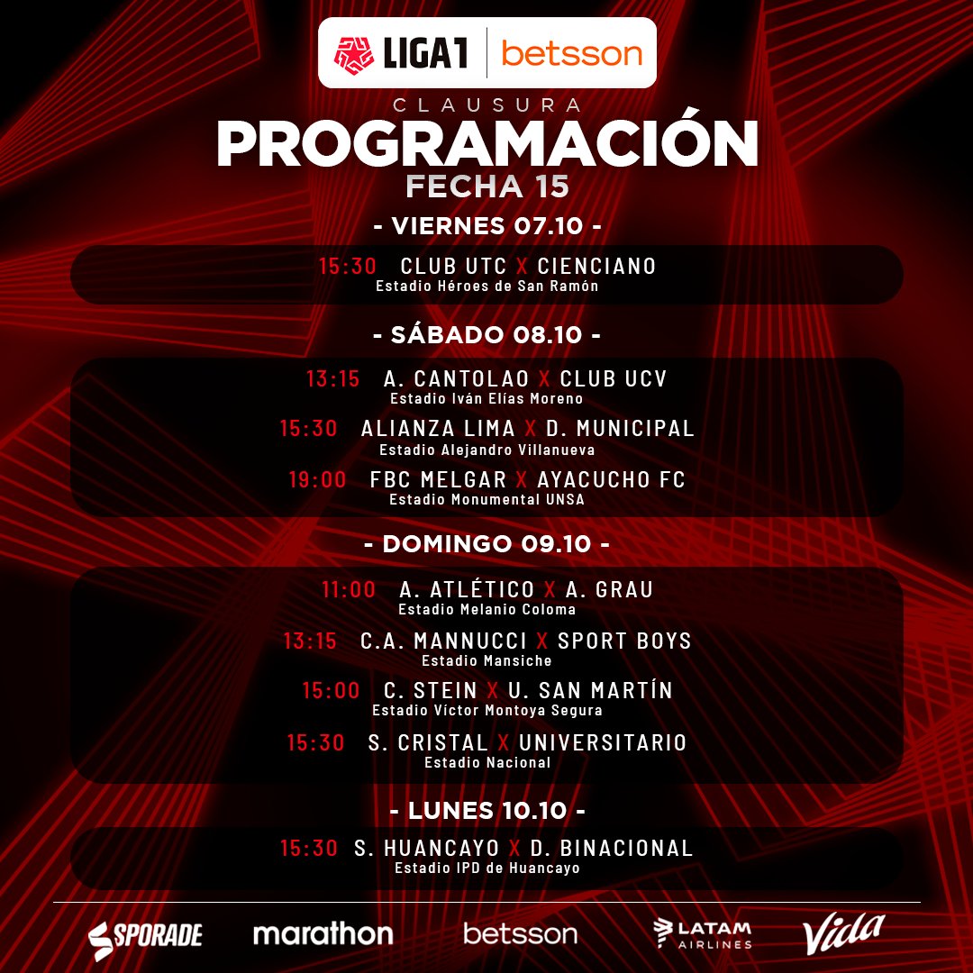 Liga1TeApuesto's tweet photo. ¡Jornadas decisivas! 🔥

Así se disputarán las fechas 13, 14, 15, 16, 17 y 18 de la #Liga1Betsson Clausura. https://t.co/aMIySO7CGQ