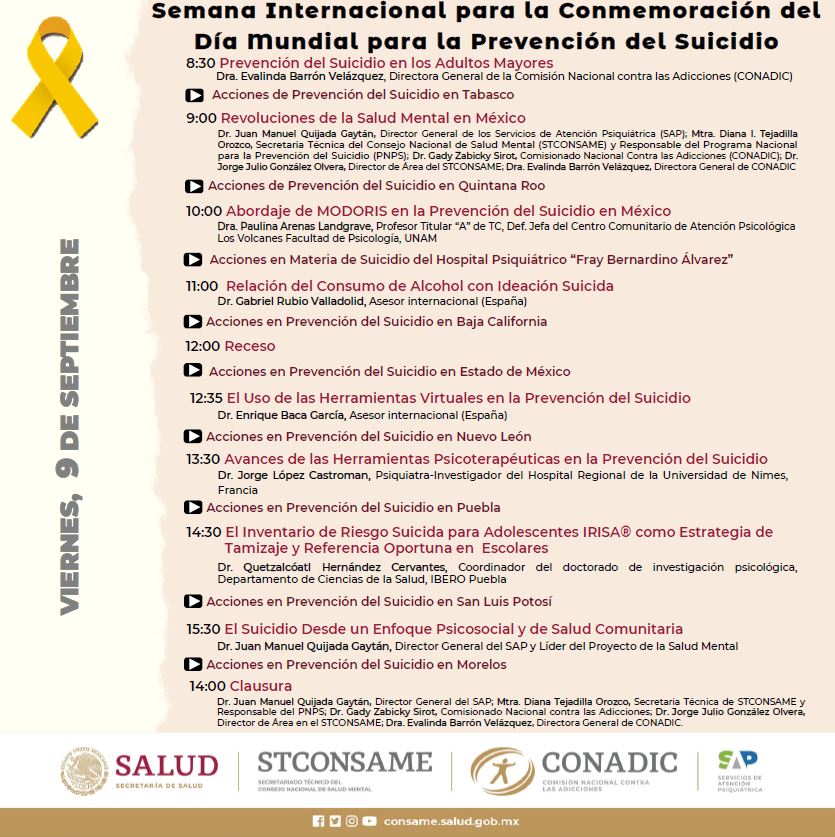 conasama_invest's tweet photo. Mañana, último día
¡No lo dejes pasar! Semana Internacional para la Conmemoración del "Día Mundial para la Prevención del Suicidio"
¡Revisa la agenda! del día 👇👇👇
#PrevencionSuicidio #CuidaTuSaludMental https://t.co/d3W3P5fxUa