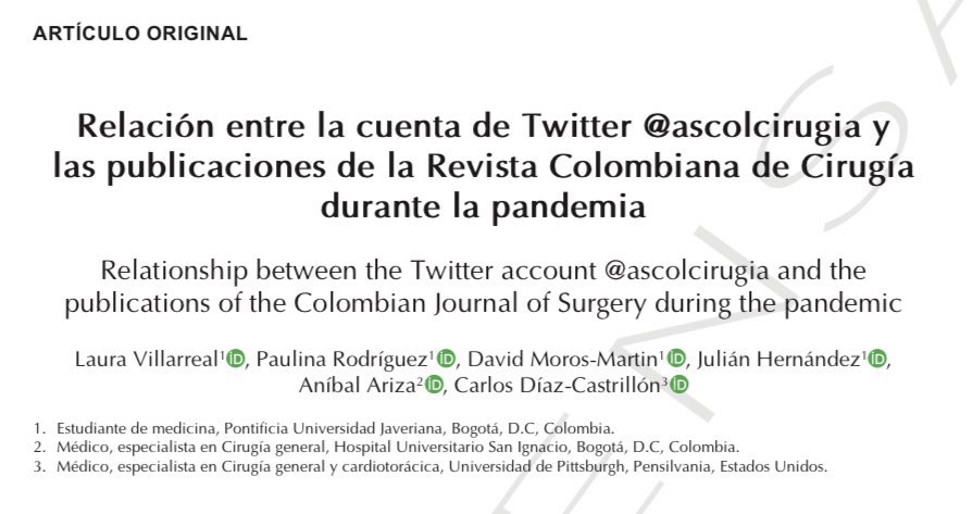 lauryvm's tweet photo. Compartimos nuestra nueva publicación “Relación entre la cuenta de Twitter @ascolcirugia y las publicaciones de la Revista Colombiana de Cirugía durante la Pandemia.” @revcolcirugia Link: https://t.co/yGCbUwlUVr https://t.co/EetIzlI1HG