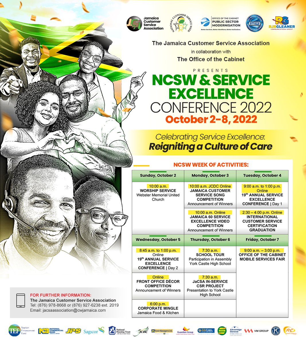 JaCSA_JM's tweet photo. We have a full week of activities planned for National Customer Service Week, October 2-8, 2022!

Help us in developing a culture of care by celebrating with us! 

Don't miss our 19th Service Excellence Conference on October 4-5, 2022...

#customerservice #serviceexcellence https://t.co/cjmrK9rwP9