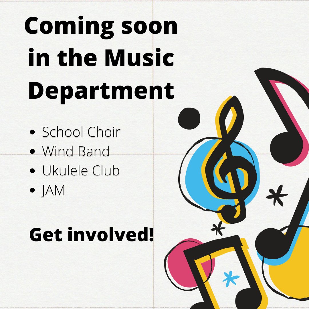 Coming soon in the Music Department....

School Choir 
Wind Band
Ukulele Club
JAM 

Get involved and learn some music! Contact Mrs Mercer in the Music Department for more information in gmercer976@c2ken.net