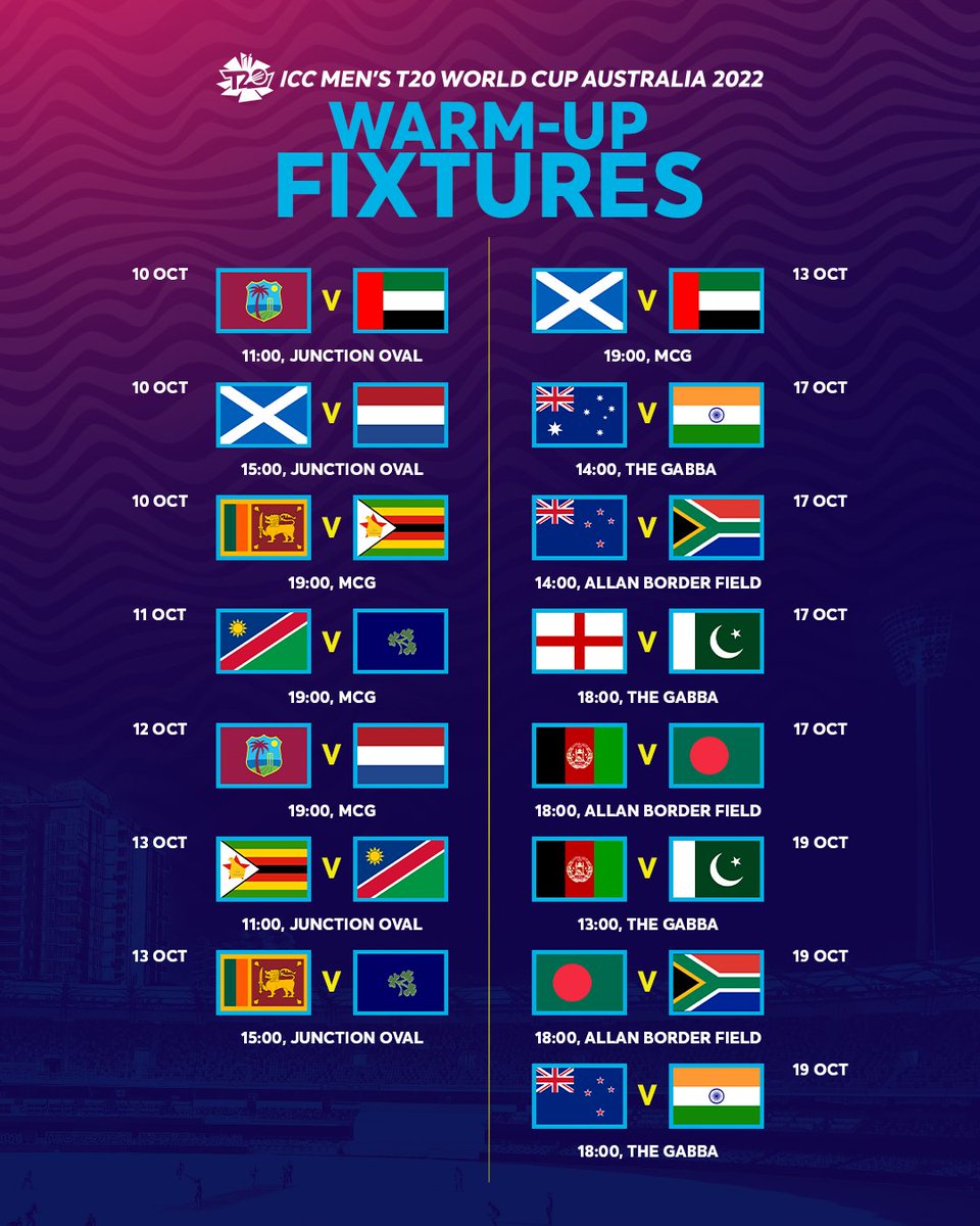 ICC's tweet photo. Some mouth-watering clashes 🤩

The schedule for the warm-up fixtures of the ICC Men's #T20WorldCup 2022 has been announced! 

More 👉 https://t.co/J1sUbjOMwA https://t.co/zWXpbiTwzH