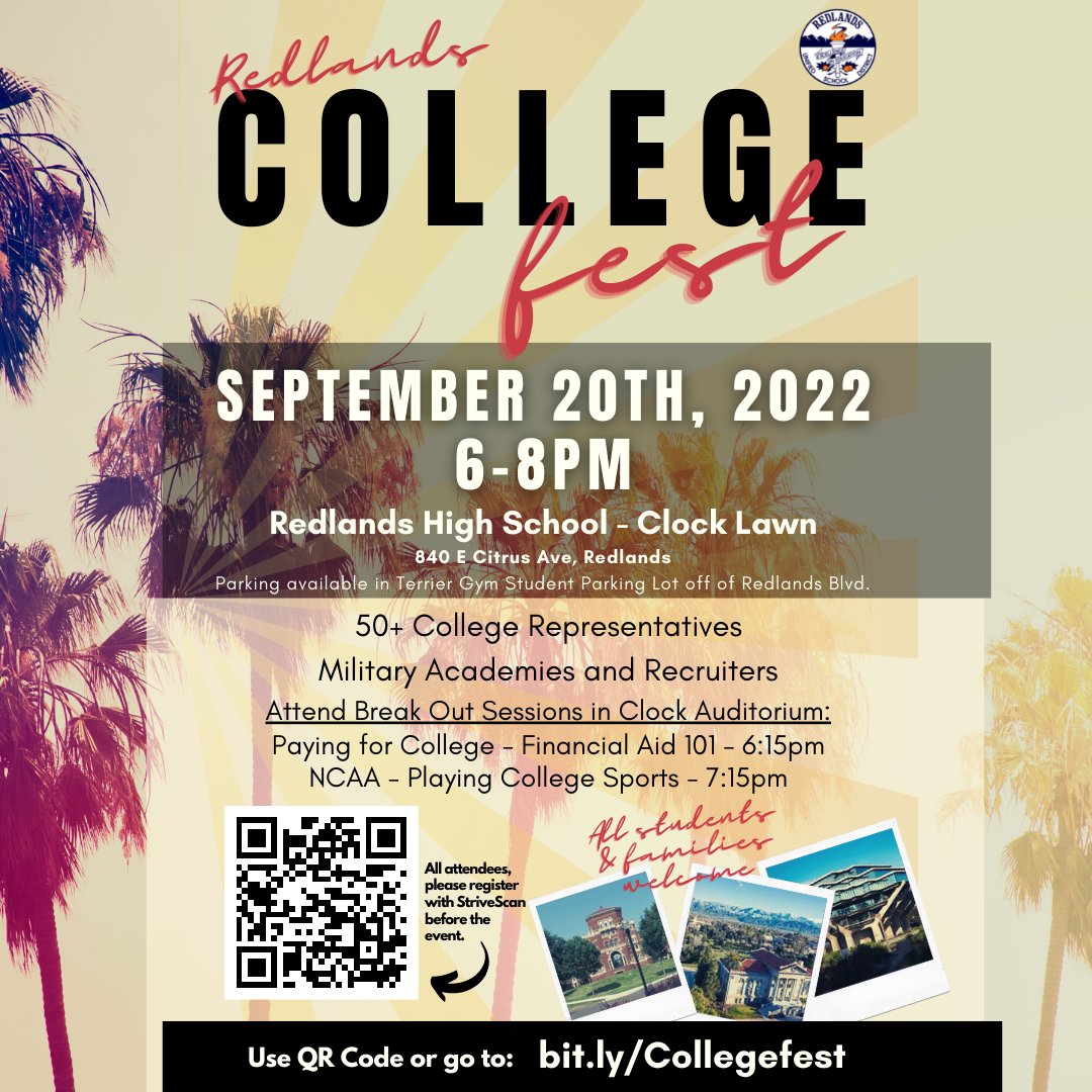 REVCareerCenter's tweet photo. Save the date! RUSD College Fest is coming September 20th! The College Fest is open to all students and families in RUSD. Be sure to register ahead of time at https://t.co/TO6omgNjsm ! @REVHSwildcats @revhsathletics @RedlandsUSD https://t.co/oNzrKivPPP
