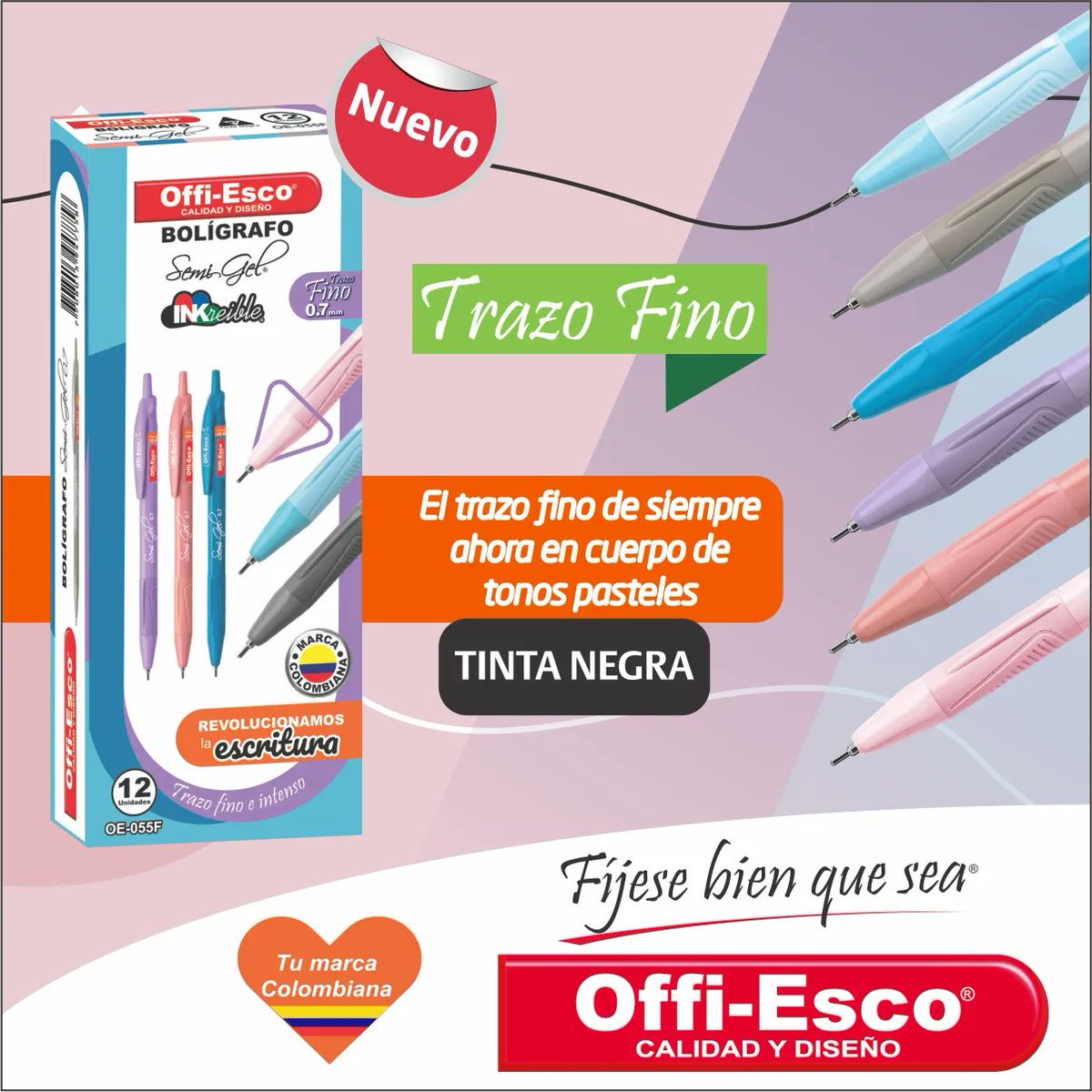 OffiEsco's tweet photo. El trazo fino de siempre, ahora en cuerpos tonos pastel. Lleva tu Semi gel Offi-Esco al mejor estilo, #ElTuyo #ExigeElOriginal #OffiEsco https://t.co/M7VE37a7xw