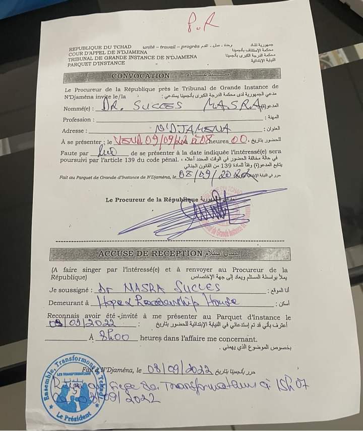 ndobyfils's tweet photo. Le leader des @TransTchad @Succes_MASRA est convoqué par le parquet de N'Djamena demain 9 septembre 2022. L'objet de la convocation n'est pas indiquée sur la convocation. #Tchad #Adjib @adelph36 @Guedmoussa @nestayamgoto @v_remadji https://t.co/yPfYTKXBqu