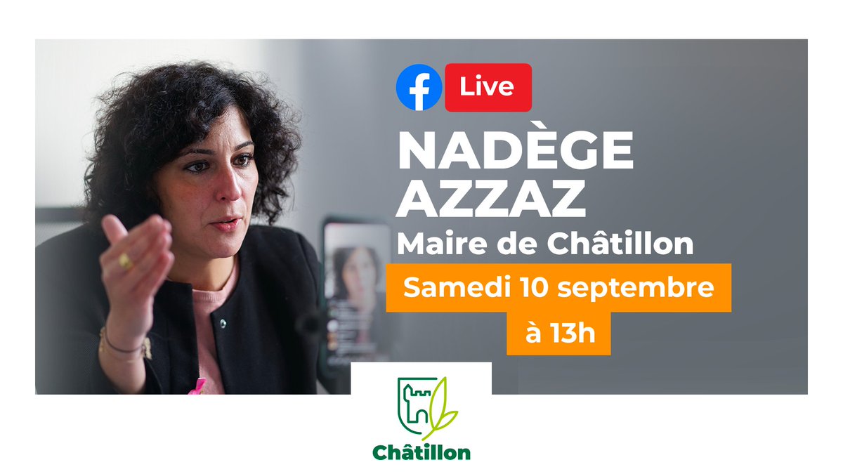 chatillon92320's tweet photo. 🔴 Samedi 10 septembre, retrouvez @AzzazNadege, Maire de Châtillon, pour un échange en Live Facebook à 13h, en direct du Forum des associations !
---
Posez vos questions ➡️ https://t.co/jtvWFGuOu1 https://t.co/sRsKWZLE4g