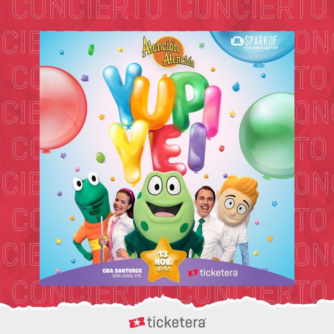 ¡Atención Atención llega con Yupi Yei, un espectáculo súper divertido para todos los niños el próximo 13 de noviembre! 🎶🐸 Busca tus boletos YA en #Ticketera.

Boletos 🎟 en ticketera.com/atencionatenci….           

#Vamos #Concierto #PuertoRico