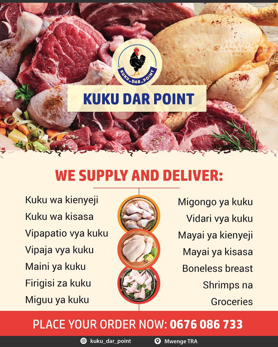 Rodgers__Andrew's tweet photo. 🍗🔥🍗🐓 Tucheki Kujipatia Kuku Wakubwa
Na Bidhaa Zote Za Kuku

Boneless Thighs 

Boneless Chicken Breast

Broilers &amp; Kienyeji Chickens
Miguu ya kuku (Chicken Feet 

Chicken Sausage
Chicken Wings
Drumsticks 🍗

Mayai ya kisasa na kienyeji 🥚
Chicken Thighs
Firigisi Za Kuku
☎️ https://t.co/2QuTsqBhiF