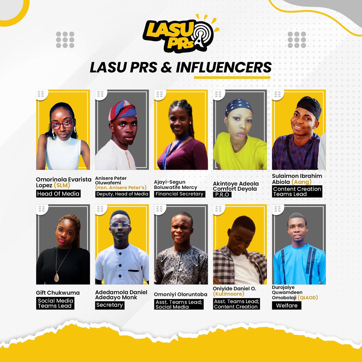 Lasu_PR's tweet photo. It's a new era! Meet the 21/22 executives of Lasu PR and Influencers. π
Our mission remains to enhance the image, brand and culture of Lagos State University (@LASUOfficial).
We are Lasu, We are great!
#lasupr
#lasuprs #lasuprandinfluencers https://t.co/Do3sNU0pMt