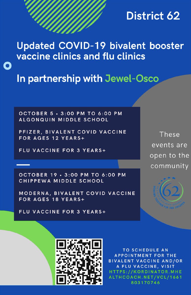District 62 to host updated bivalent COVID booster and flu clinics for the community next month. Learn more here: conta.cc/3Rv8jST
#62learns #62united