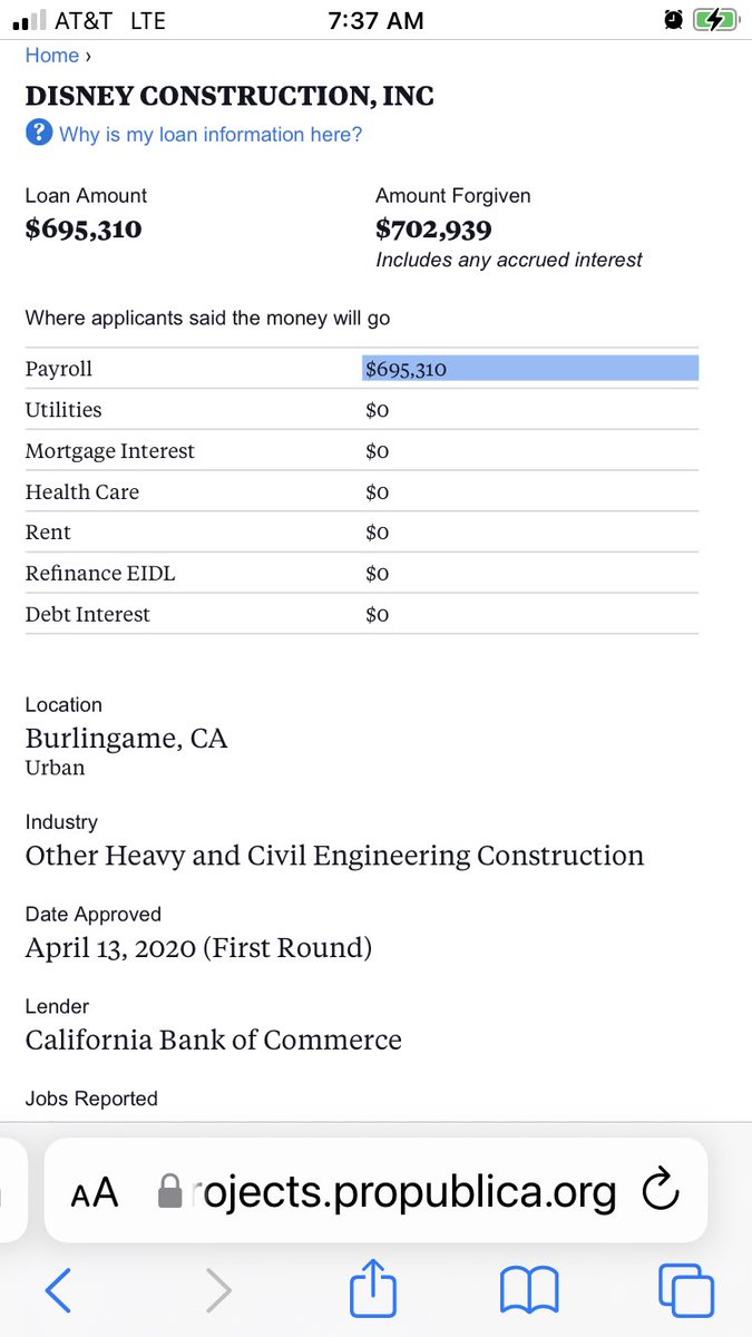 marindatanow's tweet photo. #DisneyConstruction is listed in San Mateo, its principal lives in Larkspur
Very large contracts from state, local governments.
And a $695,310 PPP "loan"
That full amount plus interest was 100% "forgiven".
But what did they do with it? Definitely not safe construction sites. https://t.co/SlAbvYBnPd