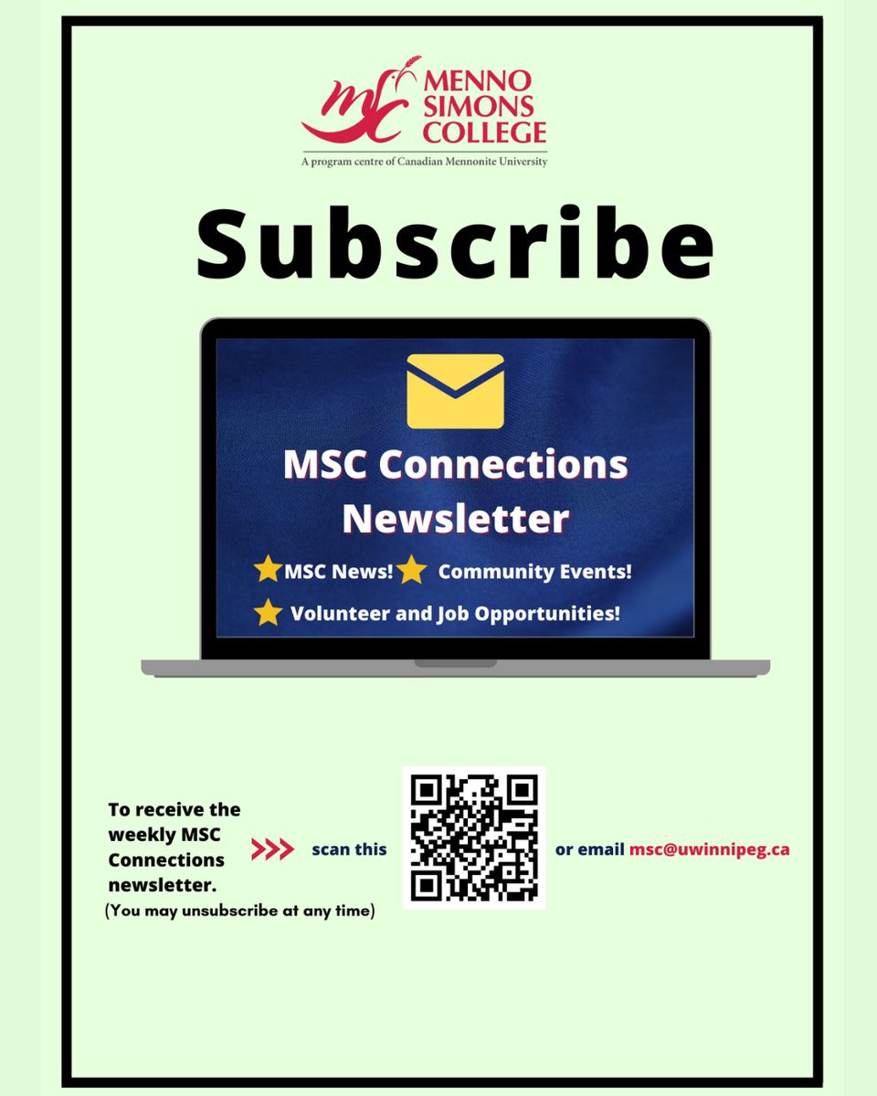 MSCwpg's tweet photo. Hello! 

Our MSC Connections Newsletter goes out every week with MSC News!, Community events, volunteer &amp; job opportunities. To subscribe scan the bar code, or email to msc@uwinnipeg.ca you can also subscribe on this link https://t.co/o0JdQ46bDl https://t.co/Y3o4fe4scf