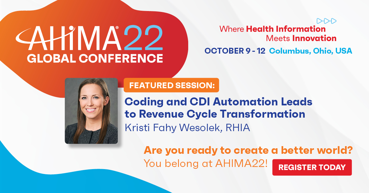 AHIMAResources's tweet photo. #AHIMA22 Global Conference Committee Chair and General Session emcee Kristi Fahy Wesolek, RHIA, can’t wait to welcome you to Columbus this October. It’s been three long years since we’ve all been together—we have so much to catch up on!  

https://t.co/hTZsm9XvFD https://t.co/9yxgr109j5