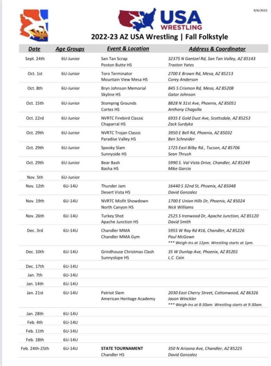 Thanks to Tom Wokasch for putting together 2022-23 Schedule. Tom has worked hard since inception of USA Wrestling start of Folkstyle development to put seasons together.