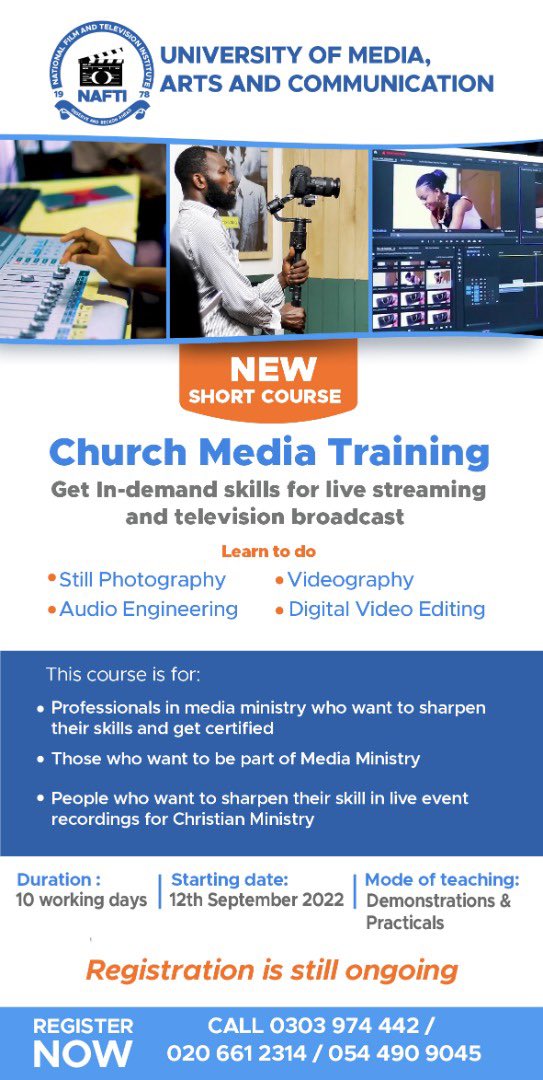 Our second session for the Church Media training starts from the 12th of September 

Registration is currently ongoing. 
Call 0303 974 442 / 020 661 2314 / 054 490 9045 for more details 

#naftitrained
#churchmedia 
#churchonline 
#skillsdevelopment