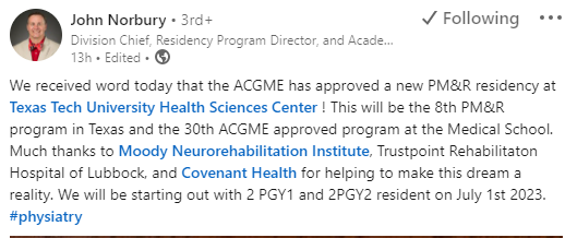 9/07/2022 was a HUGE day for us. TTUHSC PM&amp;R received approval from the ACGME! HOW EXCITING!!!! #PMR #TTUHSC <a href="/TrustpointLBK/">TrustPoint Hospital</a> #MoodyNeurorehabilitation #CovenantHealth