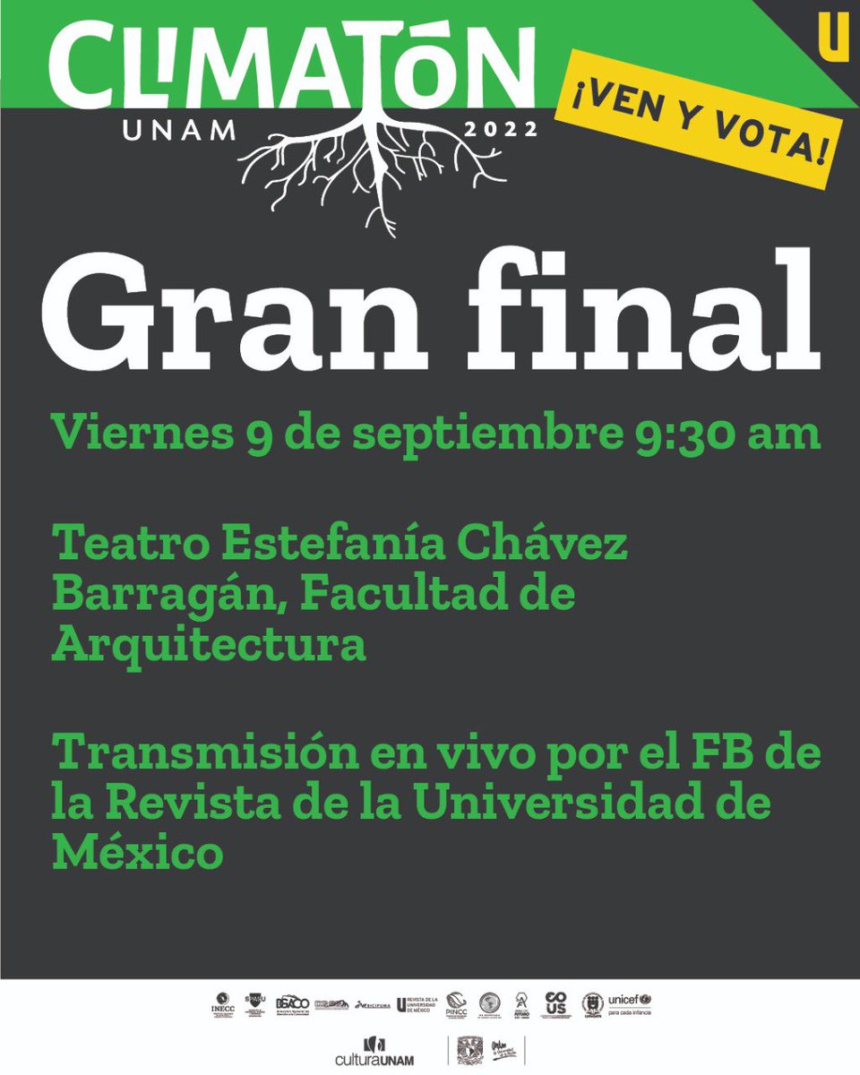 Red Universitaria de Cambio Climático (REDUCC) (@reducc_unam) on Twitter photo No te pierdas la GRAN FINAL del #Climatón2022
Te esperamos en el Teatro Estefanía Chávez Barragán de la <a href="/faunam_mx/">Facultad de Arquitectura UNAM</a>
📍Viernes 9 de septiembre 9:30h
¡Ven, participa y vota por tu proyecto favorito! No te pierdas la GRAN FINAL del #Climatón2022
Te esperamos en el Teatro Estefanía Chávez Barragán de la <a href="/faunam_mx/">Facultad de Arquitectura UNAM</a>
📍Viernes 9 de septiembre 9:30h
¡Ven, participa y vota por tu proyecto favorito!