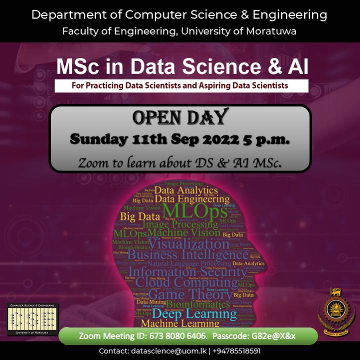 cse_uom's tweet photo. Join the Online Open Day on the 11th of September to learn more about the MSc in Data Science and AI. Zoom link: https://t.co/IHHWyyDDNx https://t.co/820JYvJxi9