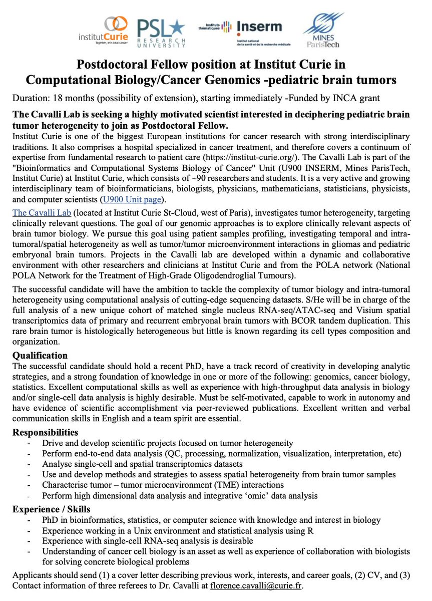 React4Kids's tweet photo. NOUVELLE OFFRE DE POSTE

L'équipe dirigée par @fmgcavalli @institut_curie recrute un.e post-doctorant.e en biologie computationnelle / Oncogénomique pour étudier l'hétérogénéité des tumeurs cérébrales pédiatriques.

Un projet passionnant dans un environnement exceptionnel ! https://t.co/NLSPfOihjE