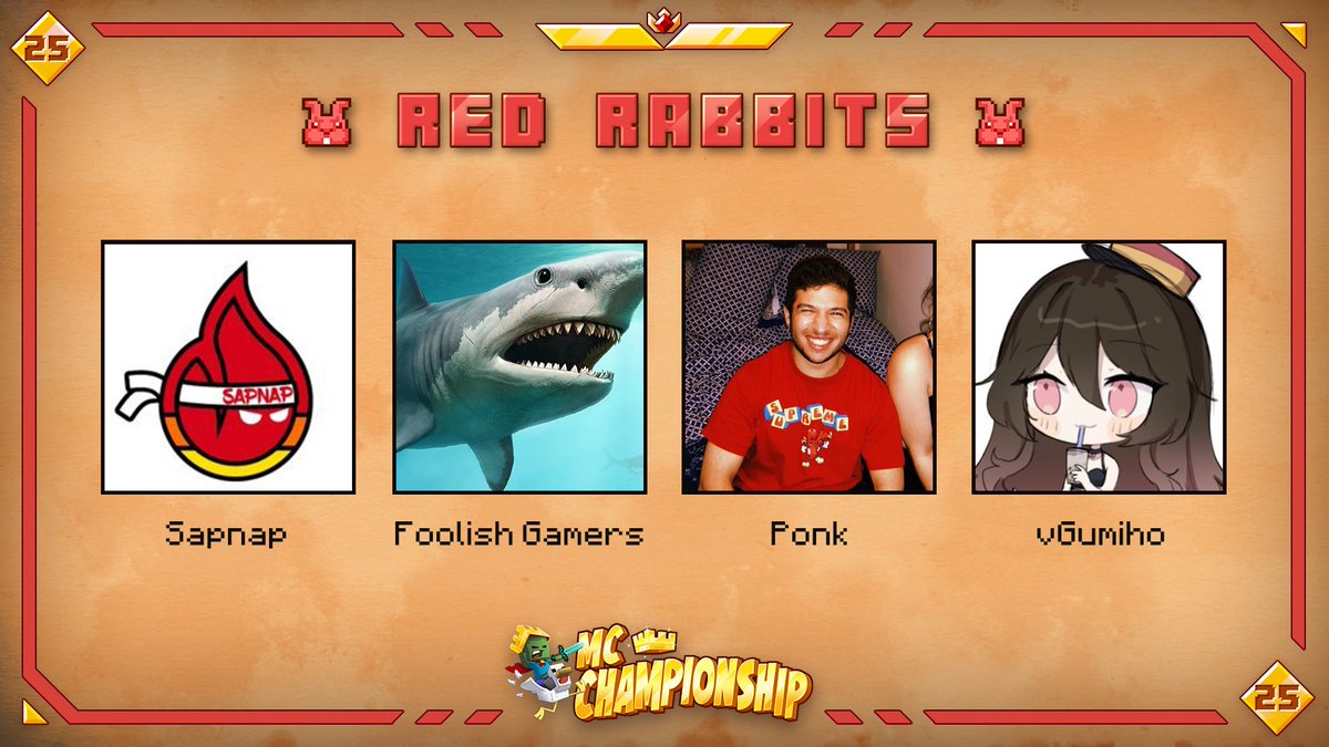 👑 Announcing team Red Rabbits 👑

<a href="/sapnap/">Sapnap</a> <a href="/FoolishGamers/">Foolish Gamers</a> <a href="/DropsByPonk/">Ponk</a> <a href="/vGumiho/">GUMI :3c</a>

Watch them in MCC on Saturday September 24th at 8pm BST!
