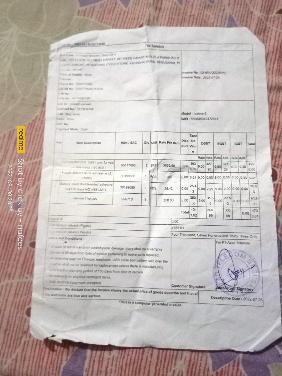 nafees_parwez's tweet photo. @realmecareIN On 26 July 2022 I replaced my screen at my nearest realme authorised service centre. On 3rd September there was line on my mobile screen today I go to realme authorised service centre and they told me that your screen will not replace my screen is in warranty period https://t.co/9ZZ7pQ8egg