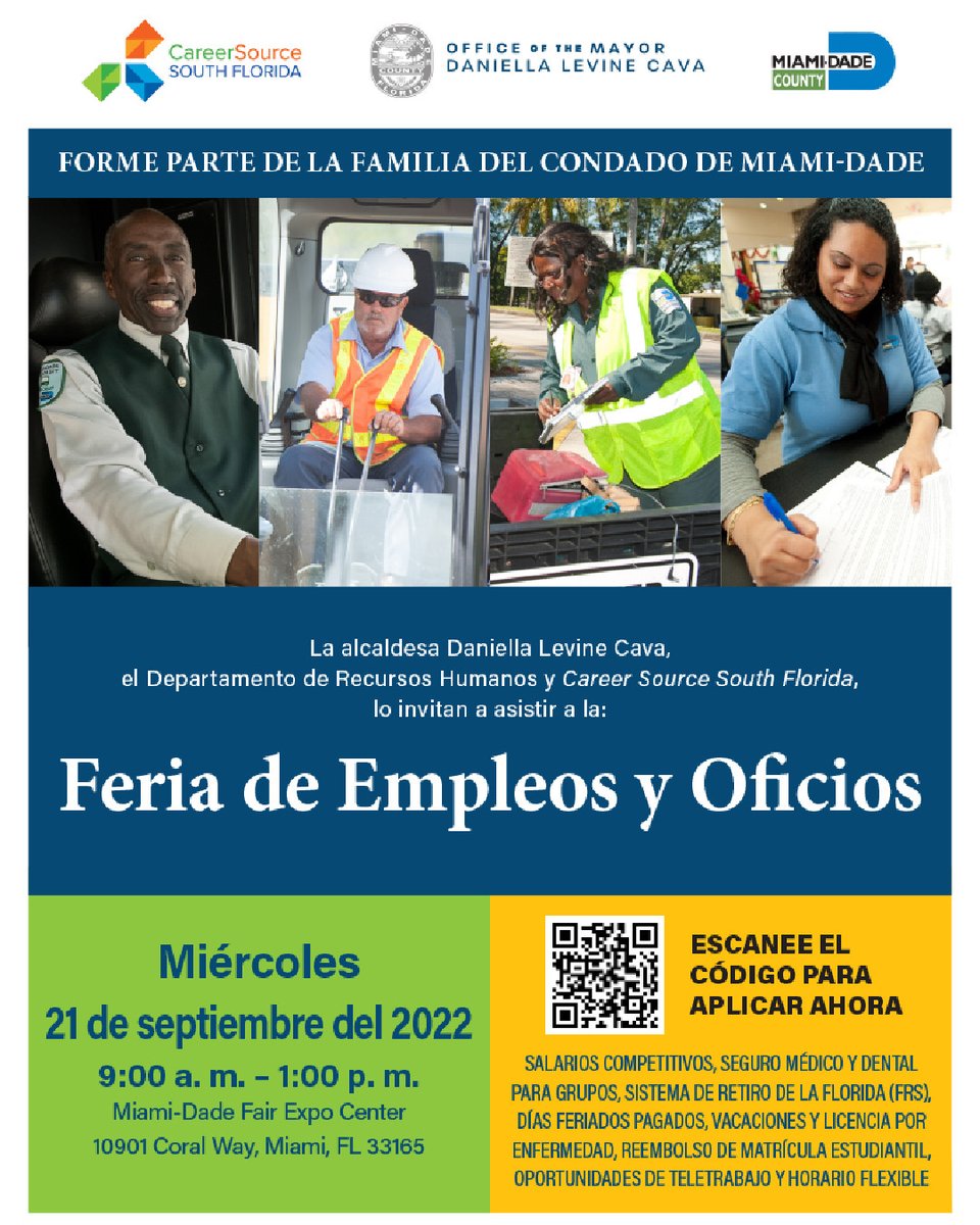 CareerSourceSFL's tweet photo. CareerSource South Florida (CSSF) invites all job seekers to the Mayor’s Career & Job Fair! CSSF will join #OurCounty on Wednesday, September 21, 2022, from 9 AM to 1 PM at the Miami-Dade College Fair Expo Center.
@MayorDaniella #MiamiDadeCareers #CSSFL #NowHiring #JobFair https://t.co/oGpeTDGo7E