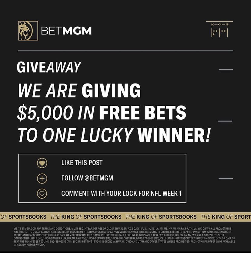 BetMGM's tweet photo. This is currently happening on our Instagram. One lucky winner is getting $5,000 in Free Bets!! 

Head over now and enter 👀👀👀 https://t.co/eDItvmLgRw