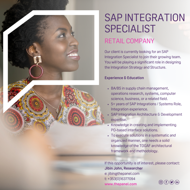 ThePanelDublin's tweet photo. SAP Integration Specialist (https://t.co/hopaSeJIf1) role is currently available with our client, a retail company.
For more information contact JJ at jibin@thepanel.com.
#jobfairy #sap #sapintegration #integrationspecialist #saparchitect #sapdevelopment #togaf https://t.co/W8AF5orAyL