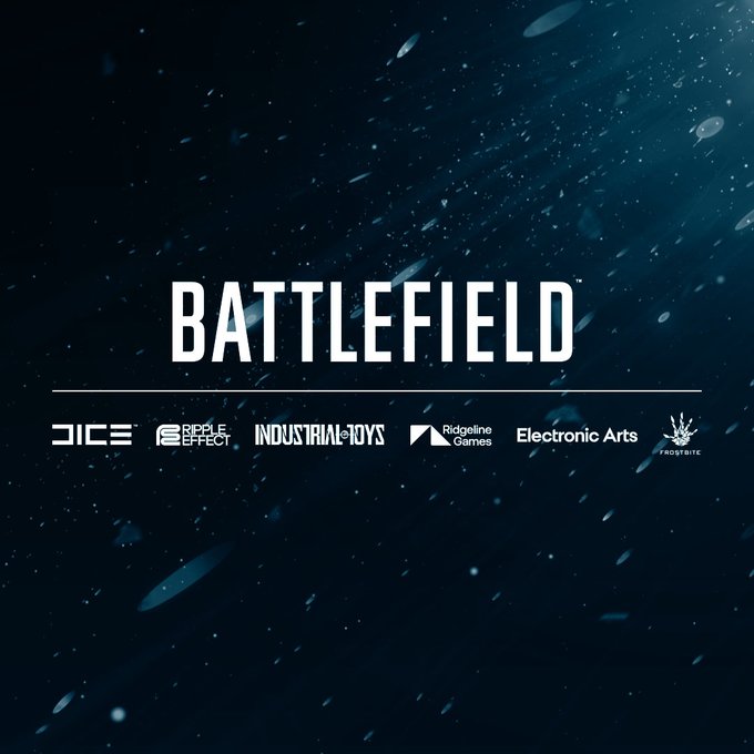 The Battlefield logo with the DICE, Ripple Effect, Industrial Toys, Ridgeline Games, Electronic Arts, and Frostbite logos on the bottom.