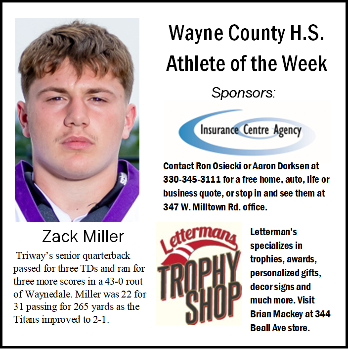Congratulations to Triway’s Zack Miller on being selected as the Wayne County Athlete of the Week! <a href="/TriwayFootball/">Triway Football</a> <a href="/TriwayAthletics/">Triway Titans Athletics</a>