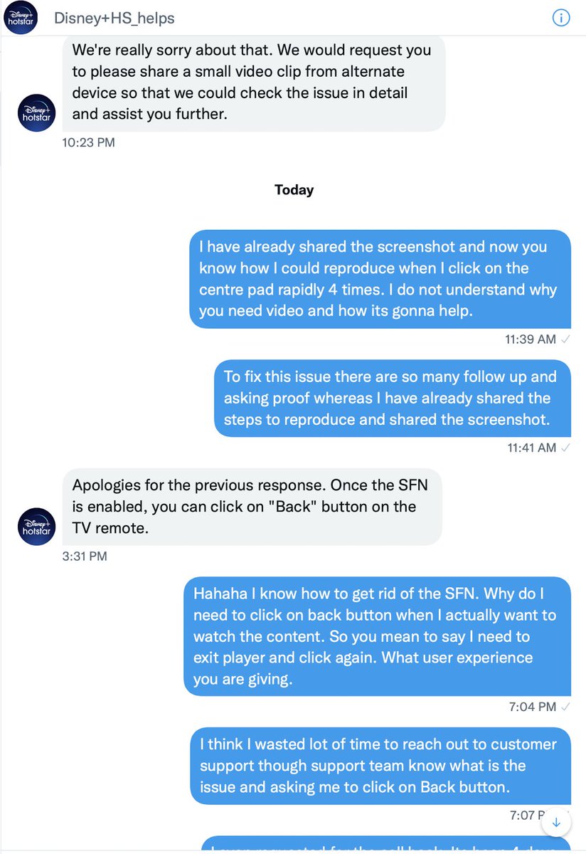 praveen_tech's tweet photo. @hotstar_helps @DisneyPlusHS Worst experience with HotStar support team. I have explained the issue very clearly but they are not connecting me with their technical team and just asking me to do some random steps. https://t.co/javIXVIq25