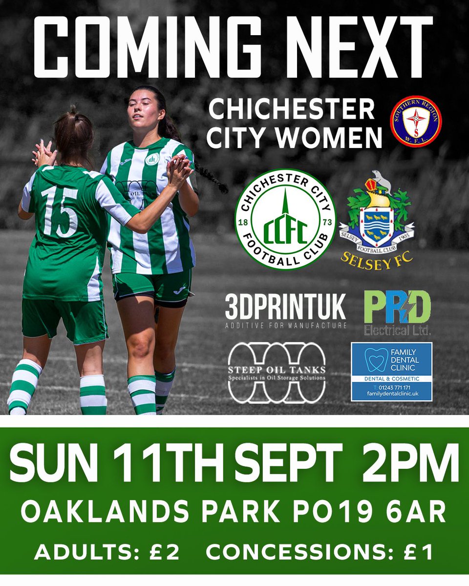 Next Up

🆚 Selsey Development <a href="/selseywfc/">Selsey Women FC</a> 
📆 Sunday 11th September
📍 Oakland’s Park, Chichester, PO19 6AP
⏰ 2pm KO
🏆 Southern Region Women’s Football League
🎟 Adults £2, Concessions £1

#UpTheChi 🟢⚪️