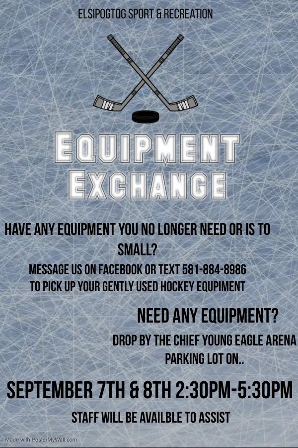 ElsiSportsRec's tweet photo. Today at the Elsipogtog arena parking lot! We have skates, elbow pads, shin pads, pants, helmets, and goalie gear in all sizes!

Come take what you need and drop off anything you don’t need anymore!1 https://t.co/FitST4rJkn