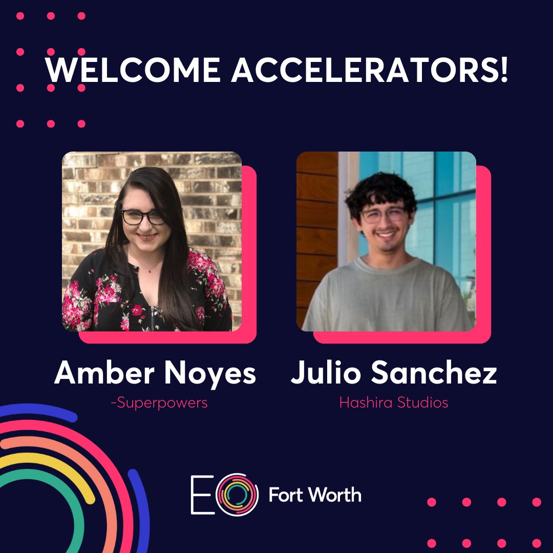 EOFortWorth's tweet photo. Join us in welcoming new EOFW Accelerators Amber Noyes of Superpowers and Julio Sanchez of Hashira Studios 🙌

EO Fort Worth is thrilled to have you both in our EOA program. https://t.co/HGnzavEoTy