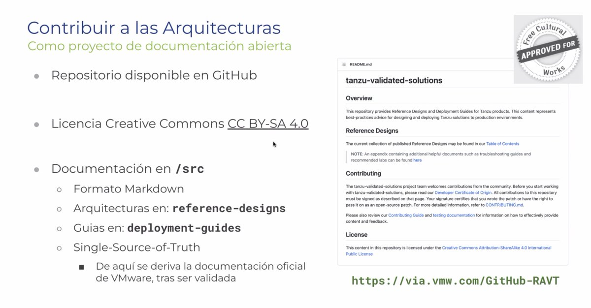 ¿Cómo podéis acceder a la fuente de las arquitecturas validadas de <a href="/VMwareTanzu/">VMware Tanzu</a>? ➡️ Consultando/colaborando con el repo github.com/vmware-tanzu-l… Visto en el 4º Meetup de #tanzuhispano, gracias a <a href="/mmmmmmpc/">Miguel Pérez Colino 🦎</a>