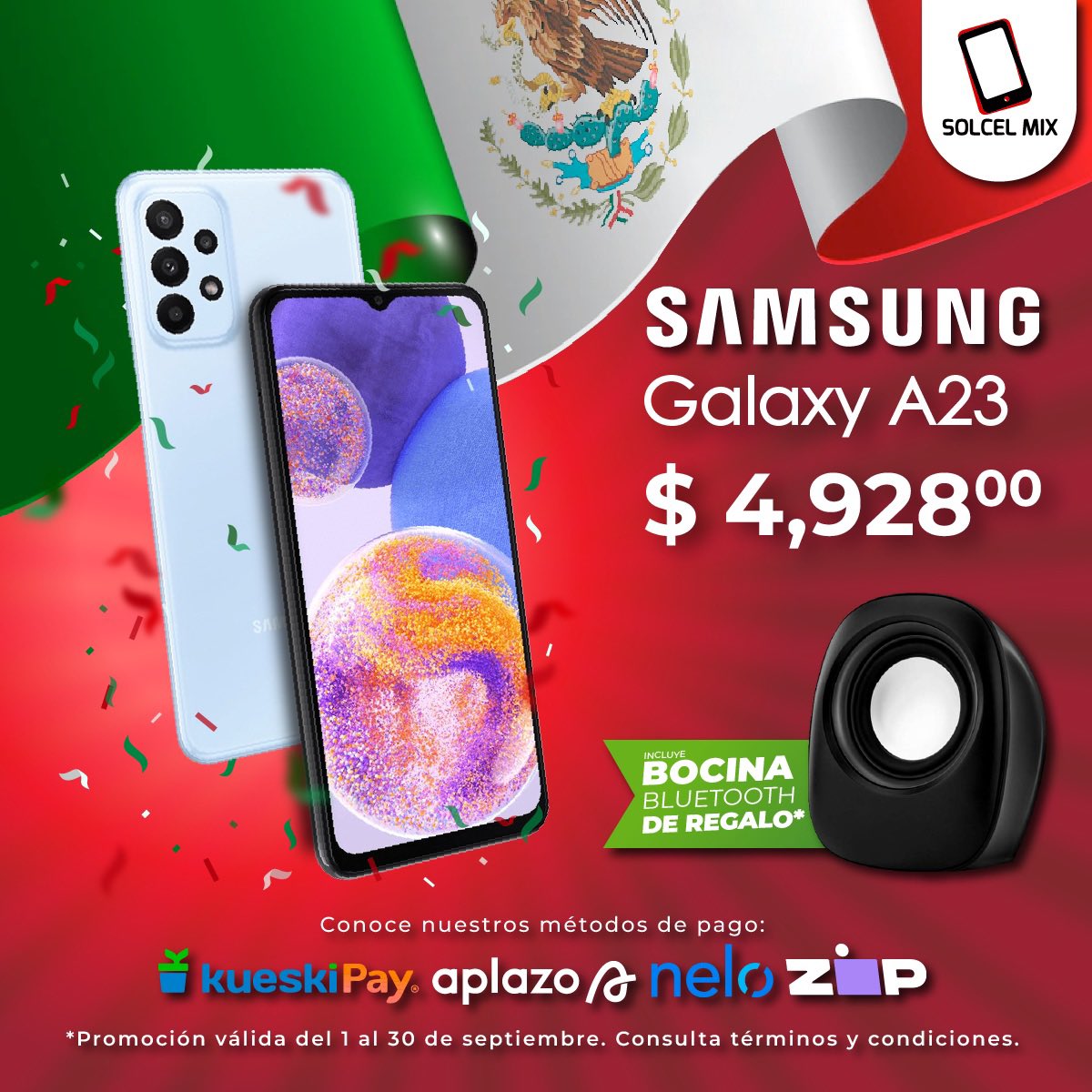 solcelmix's tweet photo. 🇲🇽Este mes patrio estrena un #samsung Galaxy A23 con un enganche desde $1400
Visítanos en 
📍Sucursal Sendero Mexicali
📍Sucursal Alameda Otay TJ
📍Sucursal Condesa CDMX 
Haz tu compra en línea 👉🏻https://t.co/4eL84kk6RH
#vivamexico https://t.co/ODMIGSb45R
