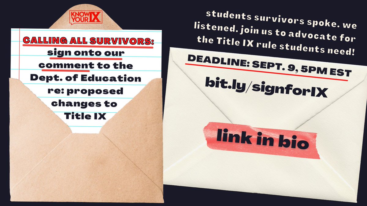 🚨 Calling all student survivors, recent graduates, &amp; young folks with Title IX experiences! The sign on deadline for our comment to <a href="/usedgov/">U.S. Department of Education</a> with feedback on their changes to #TitleIX is FRIDAY, SEPT 9 at 5pm EST. Join us at bit.ly/signforIX &amp; share the form with friends!