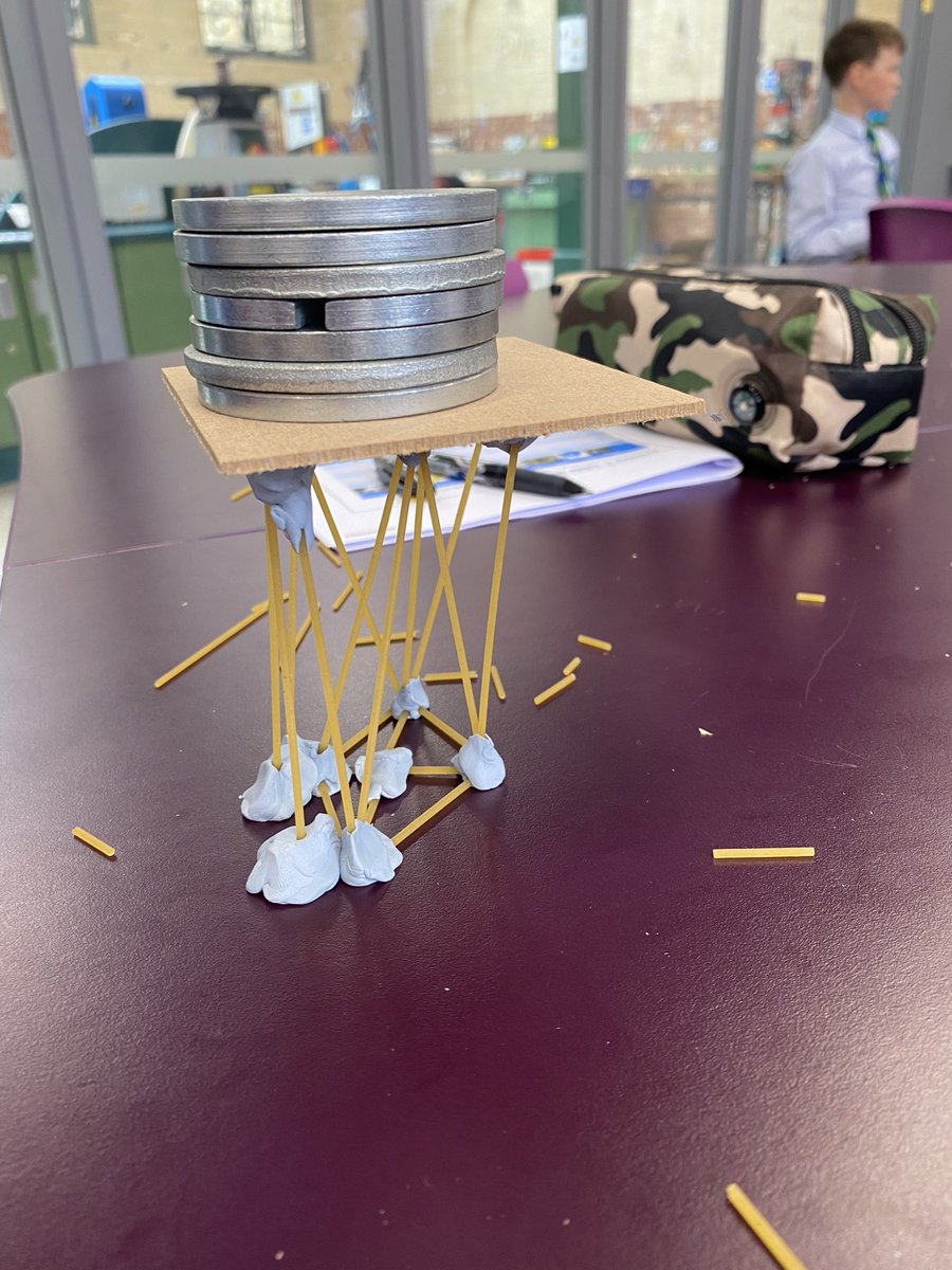 And the winner was Sam, his tower held a fantastic 1.2kg of weight. Great use of triangulation to lend support to a very brittle building material. Well done! #stem #spaghettitower #structures #year7 #maidavaleschooldt