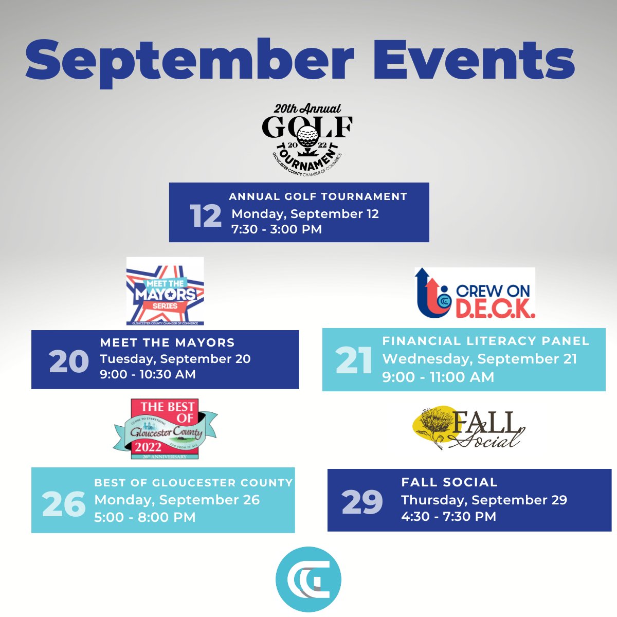 We are kicking off the fall with an exciting month filled with events! From Meet the Mayors to Fall Social, there is an event for everyone to enjoy. 

Make sure to check out our upcoming events page and join us: business.gc-chamber.com/events/!

#GCCCnj #SeptemberEvents #Networking