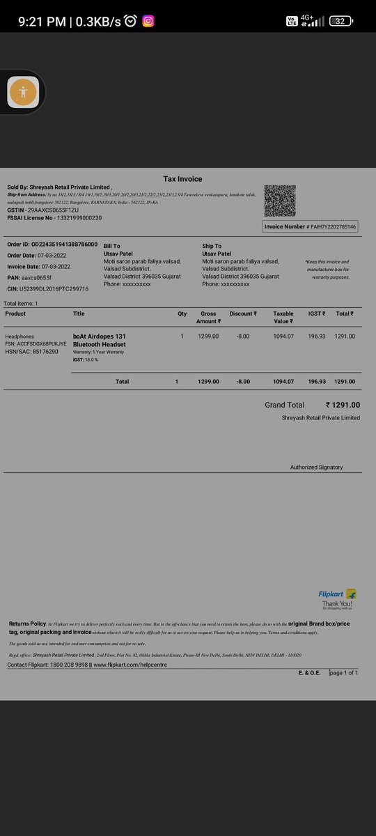 er_utsav_18's tweet photo. @boAtSupport1 I am facing issue in my boAt airdopes 131 blootooth headset, so i caim for a warranty.
My service ticket nu is 23986418, and said that "the product id does not correspond to the product name mentioned on the invoice,"
Here the invoice is attached with this msg. https://t.co/en46ljOfrF