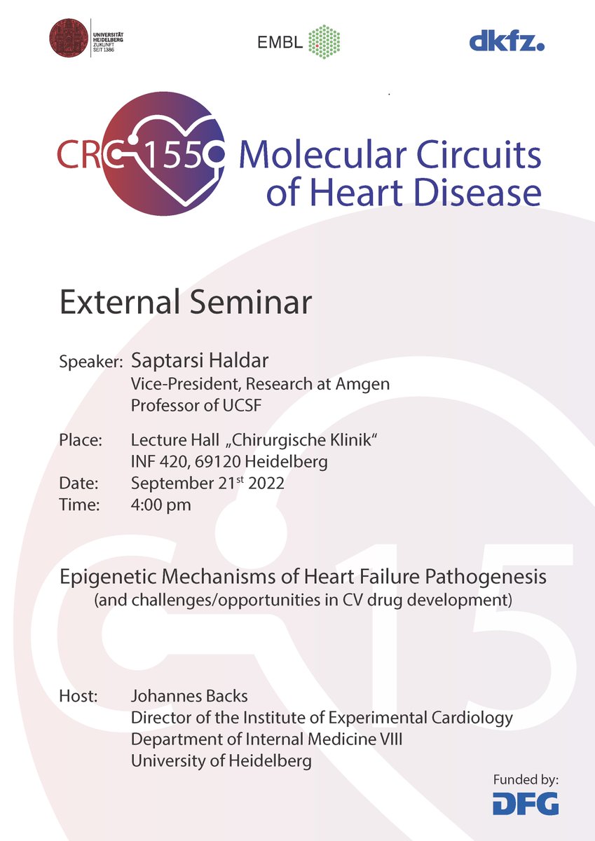 CRC1550's tweet photo. Save the date ! Saptarsi Haldar @saptarsi_haldar from @UCSF and @Amgen will be our guest for a seminar about epigenetic mechanisms of heart failure pathogenesis on September, 21st @ 4:00 pm in Heidelberg #CRC1550 https://t.co/8bBsgHMkdI